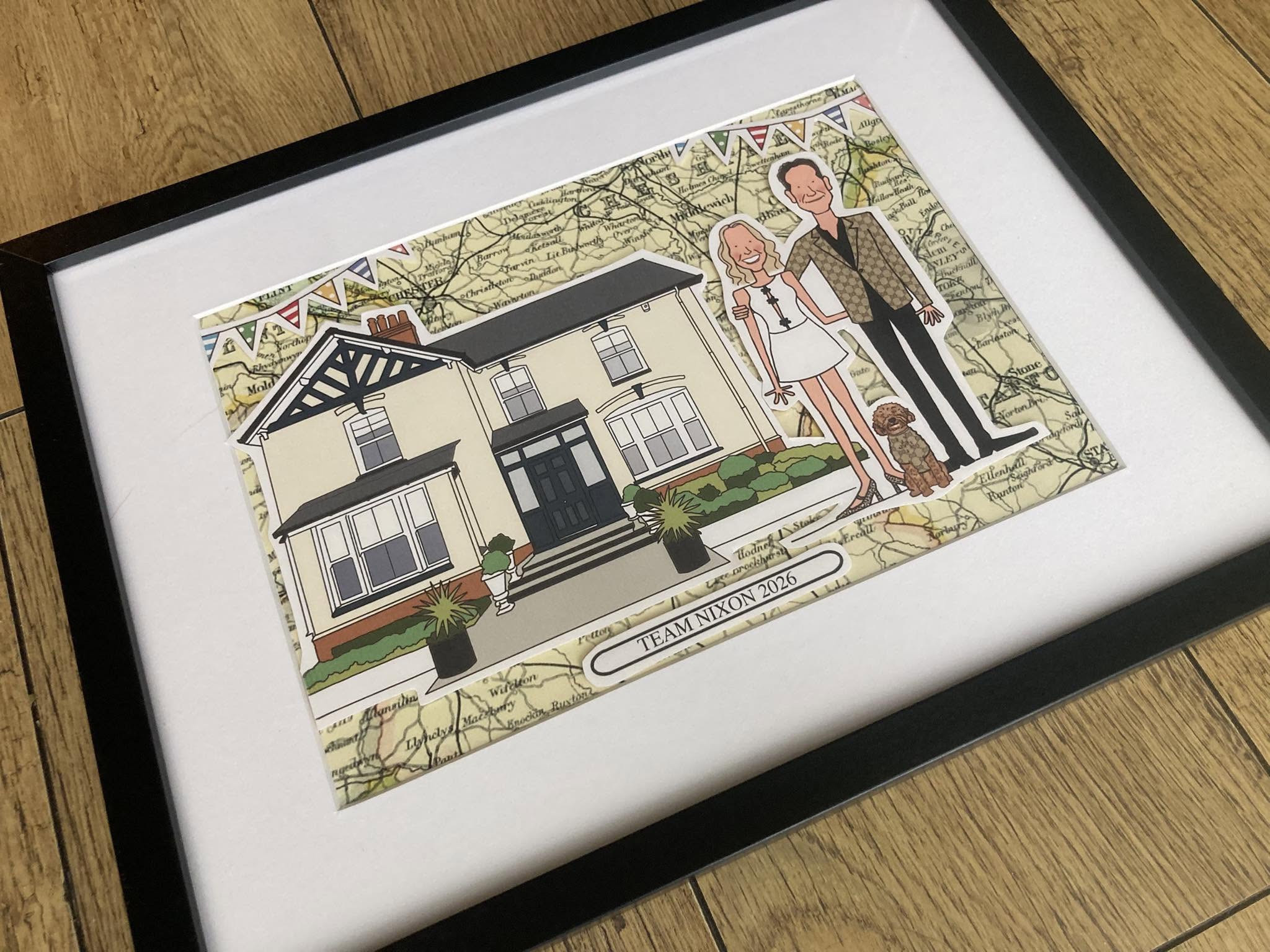 New home illustration with family and house on a map background